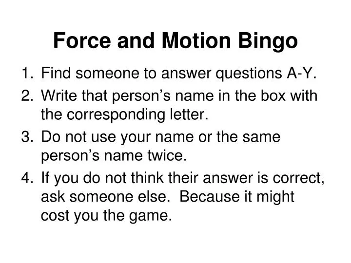 force and motion bingo