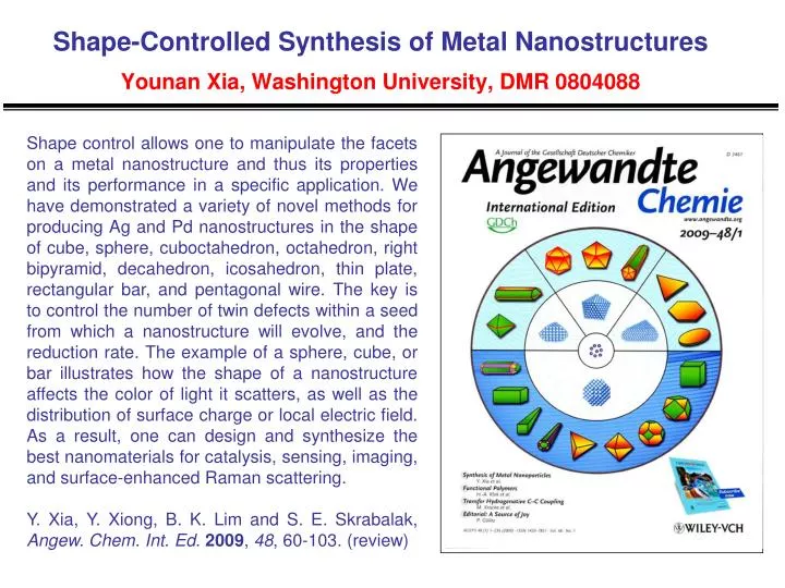 shape controlled synthesis of metal nanostructures younan xia washington university dmr 0804088