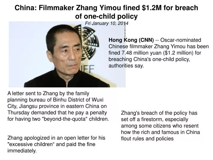 china filmmaker zhang yimou fined 1 2m for breach of one child policy fri january 10 2014