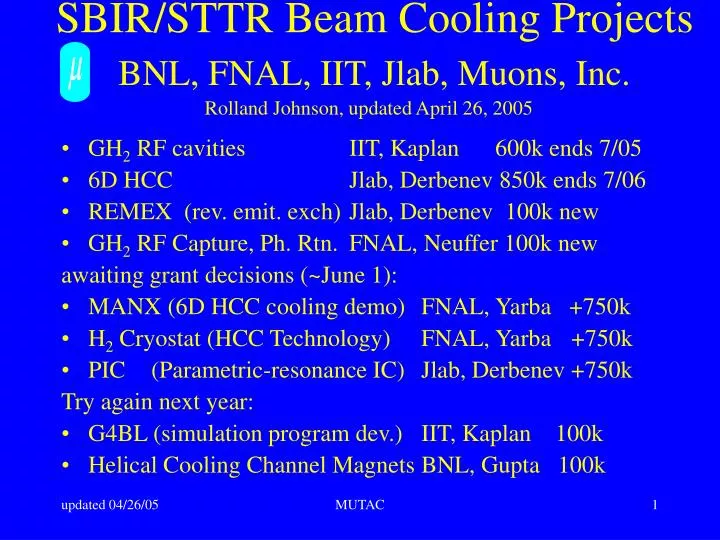 sbir sttr beam cooling projects bnl fnal iit jlab muons inc rolland johnson updated april 26 2005