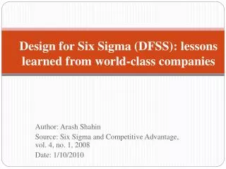design for six sigma dfss lessons learned from world class companies