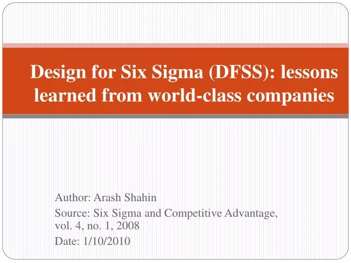 design for six sigma dfss lessons learned from world class companies