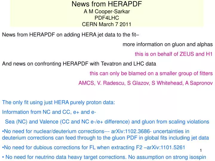 news from herapdf a m cooper sarkar pdf4lhc cern march 7 2011