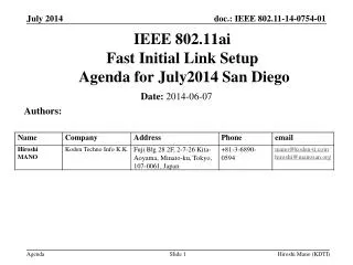 IEEE 802.11ai Fast Initial Link Setup Agenda for July2014 San Diego