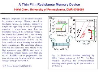 A Thin Film Resistance Memory Device I-Wei Chen, University of Pennsylvania, DMR 0705054