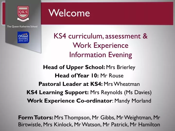 ks4 curriculum assessment work experience information evening