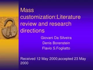 mass customization literature review and research directions