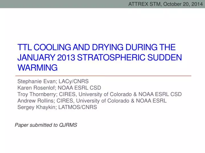 ttl cooling and drying during the january 2013 stratospheric sudden warming