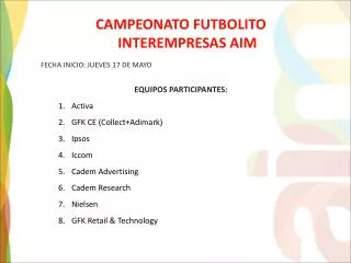 CAMPEONATO FUTBOLITO INTEREMPRESAS AIM FECHA INICIO: JUEVES 17 DE MAYO EQUIPOS PARTICIPANTES: