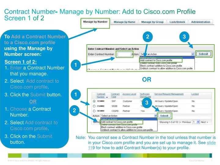 contract number manage by number add to cisco com profile screen 1 of 2
