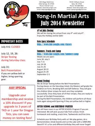 Yong-In Martial Arts July 2014 Newsletter