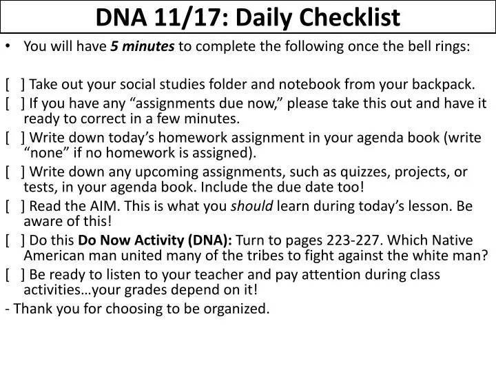 dna 11 17 daily checklist