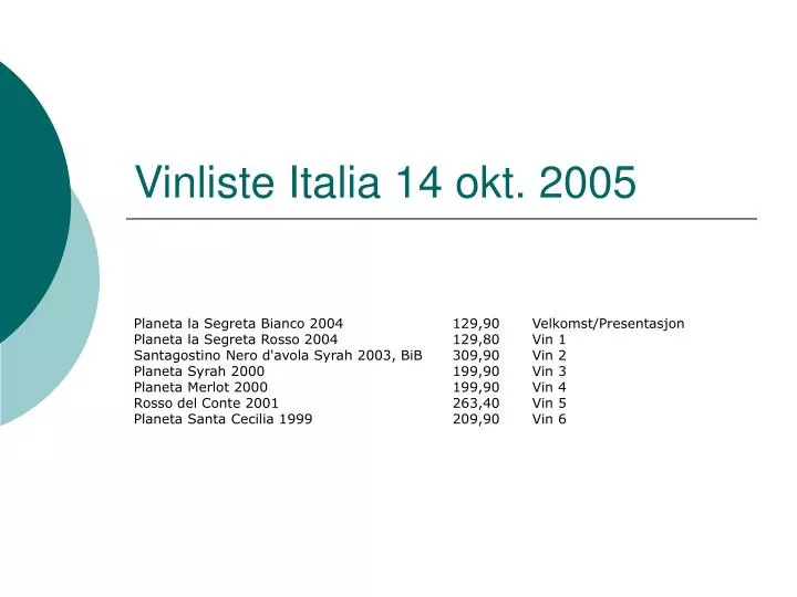 vinliste italia 14 okt 2005