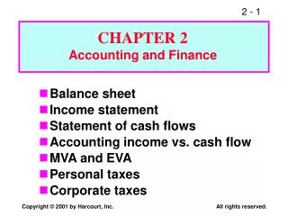 Balance sheet Income statement Statement of cash flows Accounting income vs. cash flow MVA and EVA