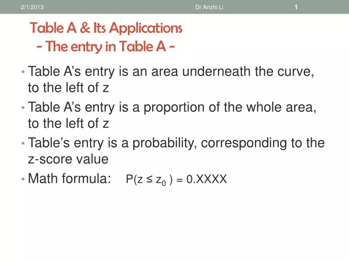 table a its applications the entry in table a