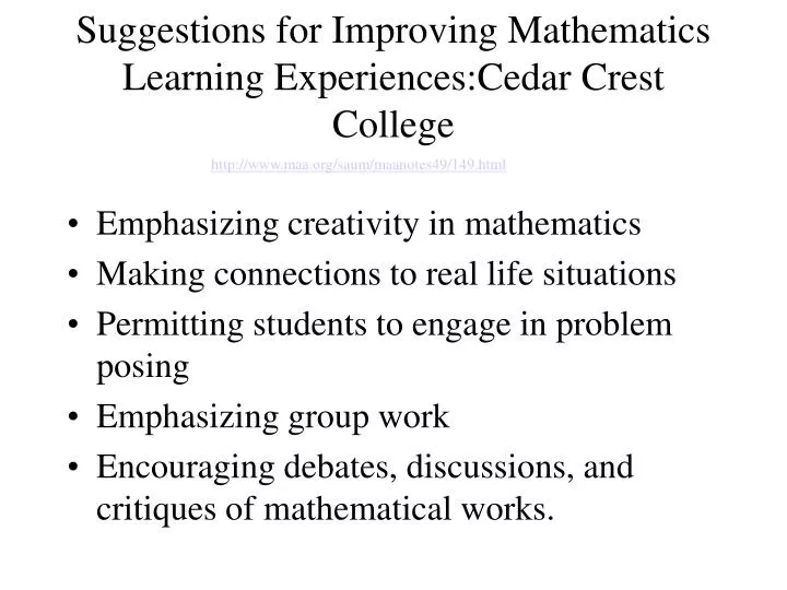 suggestions for improving mathematics learning experiences cedar crest college