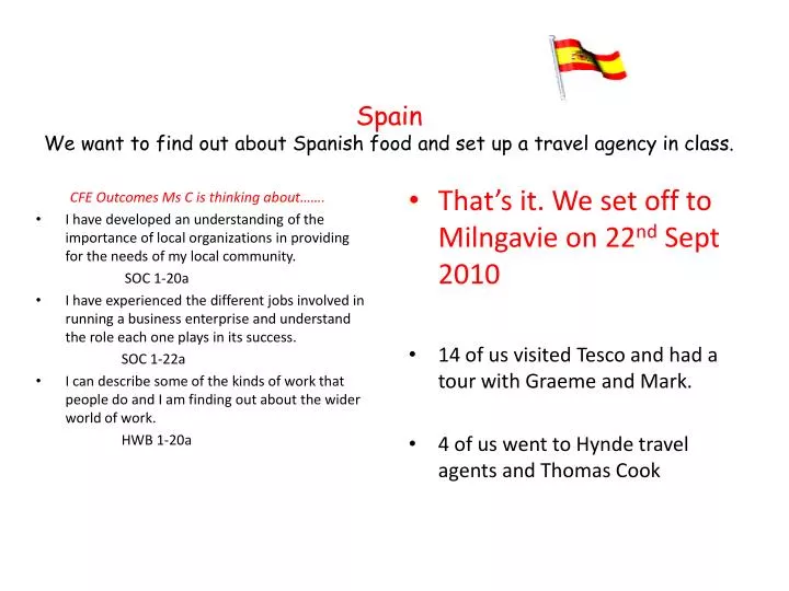 spain we want to find out about spanish food and set up a travel agency in class