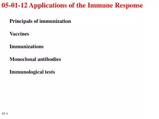 05-01-12 Applications of the Immune Response Principals of immunization Vaccines Immunizations