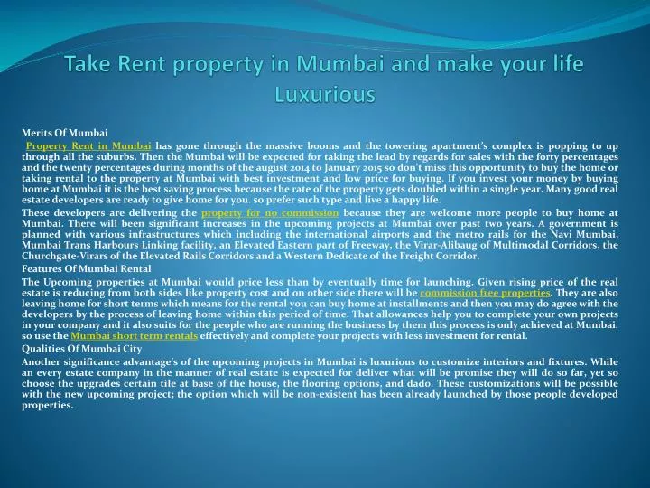 take rent property in mumbai and make your life luxurious