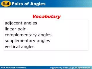 adjacent angles linear pair complementary angles supplementary angles vertical angles