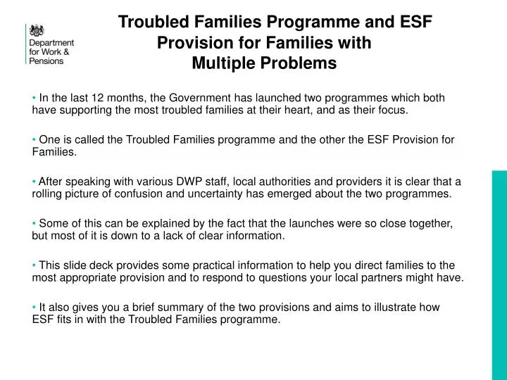 troubled families programme and esf provision for families with multiple problems