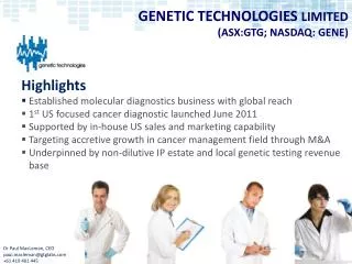 GENETIC TECHNOLOGIES LIMITED (ASX:GTG; NASDAQ: GENE)