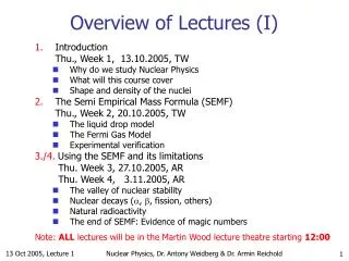 Overview of Lectures (I)