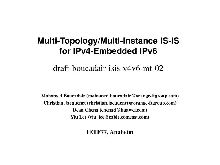 multi topology multi instance is is for ipv4 embedded ipv6 draft boucadair isis v4v6 mt 02