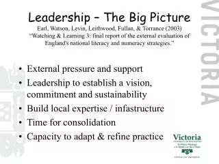 External pressure and support Leadership to establish a vision, commitment and sustainability