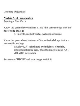 Learning Objectives: Nucleic Acid therapeutics Reading - Blackburn