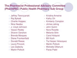 The Pharmacist Professional Advisory Committee (PharmPAC) Public Health Pharmacy Sub Group
