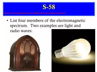 List four members of the electromagnetic spectrum. Two examples are light and radio waves.