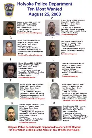 Holyoke Police Department Ten Most Wanted August 25, 2008