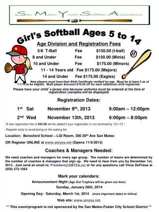 Age Division and Registration Fees 5/6 T-Ball	Fee	$150.00 (t-ball)