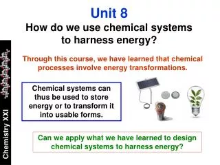 Through this course, we have learned that chemical processes involve energy transformations.
