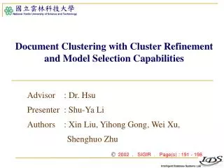 Document Clustering with Cluster Refinement and Model Selection Capabilities