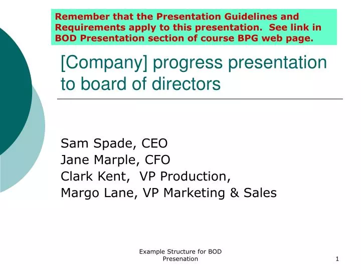 company progress presentation to board of directors