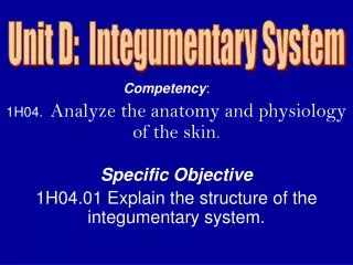 Competency :	 1H04. Analyze the anatomy and physiology of the skin . Specific Objective