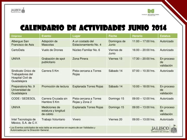 calendario de actividades junio 2014