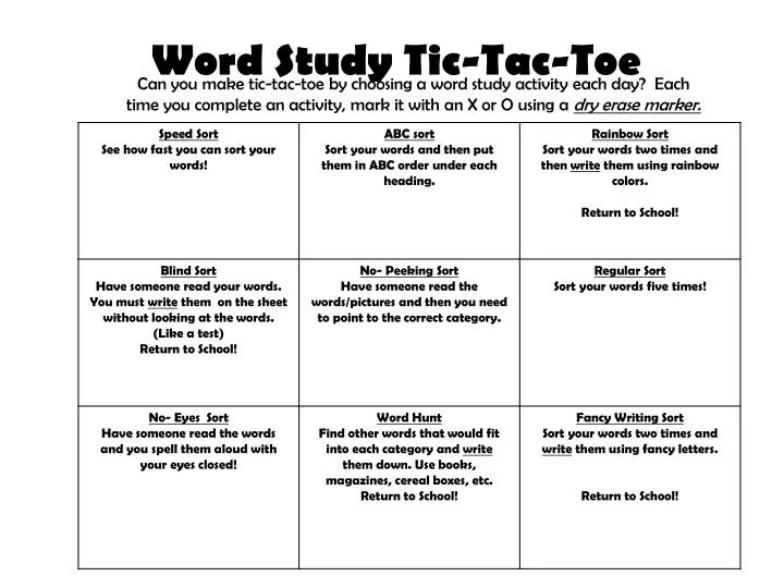 word study tic tac toe