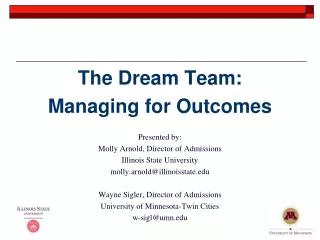 The Dream Team: Managing for Outcomes Presented by: Molly Arnold, Director of Admissions