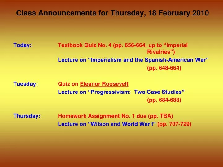class announcements for thursday 18 february 2010