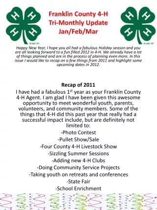Franklin County 4-H Tri-Monthly Update Jan/Feb/Mar