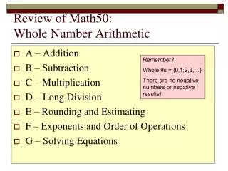Review of Math50: Whole Number Arithmetic