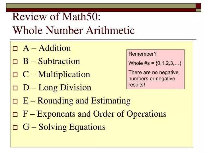 review of math50 whole number arithmetic