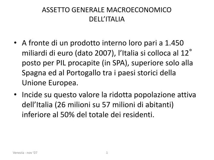 assetto generale macroeconomico dell italia