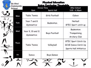 Physical Education Extra Curricular Timetable