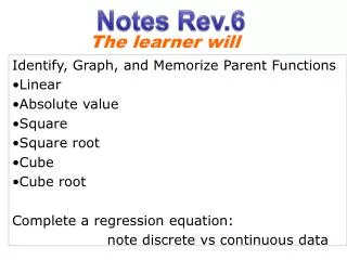 Identify, Graph, and Memorize Parent Functions Linear Absolute value Square Square root Cube