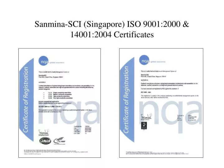 sanmina sci singapore iso 9001 2000 14001 2004 certificates