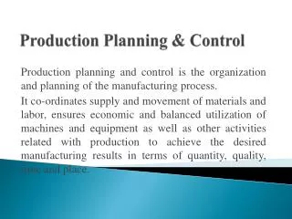 Production Planning &amp; Control